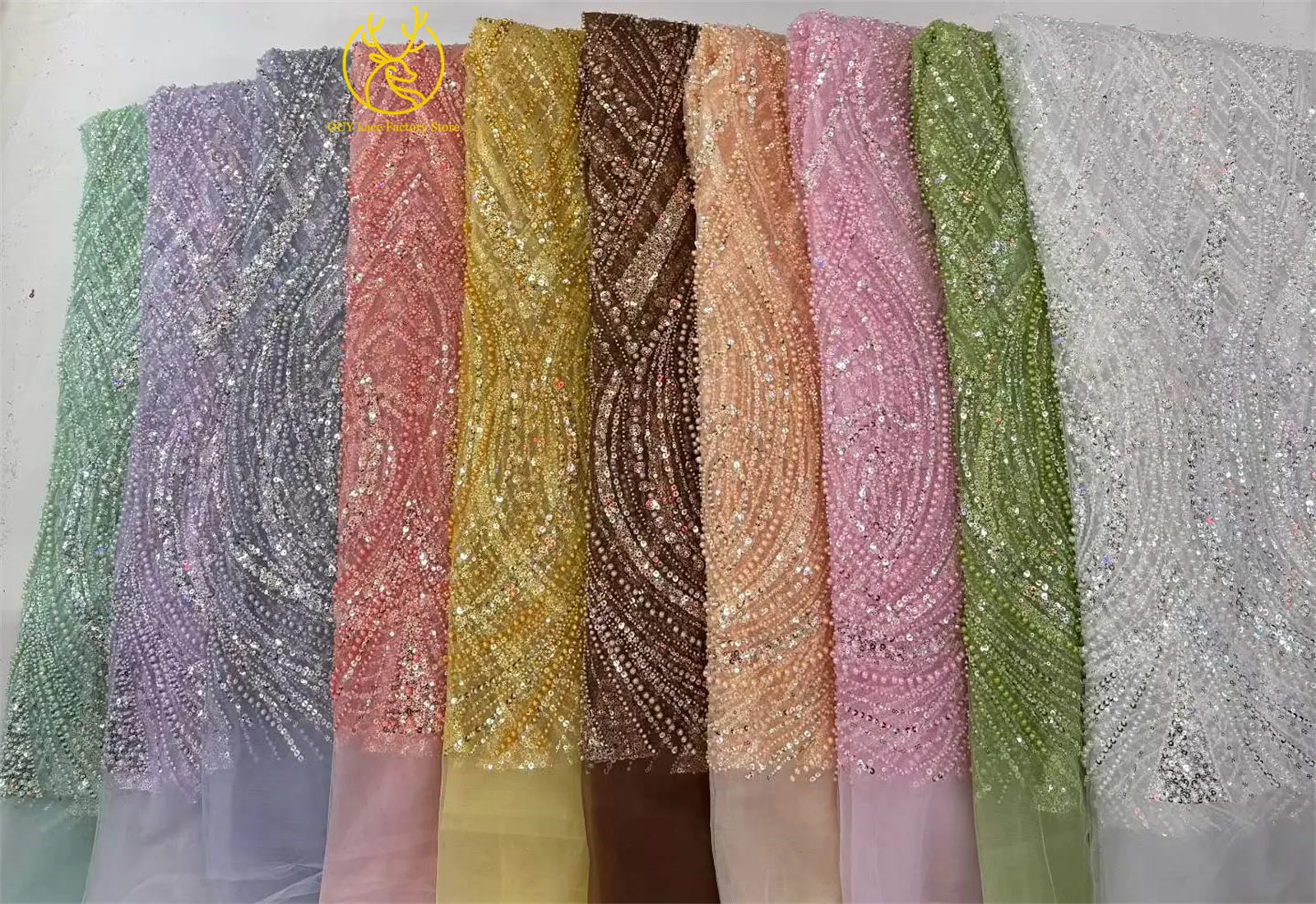 Afrikanischer Perlenstickerei-Spitzenstoff, 5 Yards, hochwertiger, eleganter Pailletten-Spitzenstoff, grün, nigerianisch, für Hochzeits- und Abendkleider – Detail 3
