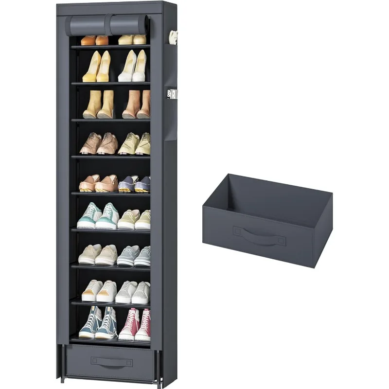 

10 Tier Tall Narrow Shoe Rack with Bin Covered, Closet Stackable Shoes Storage Organizer