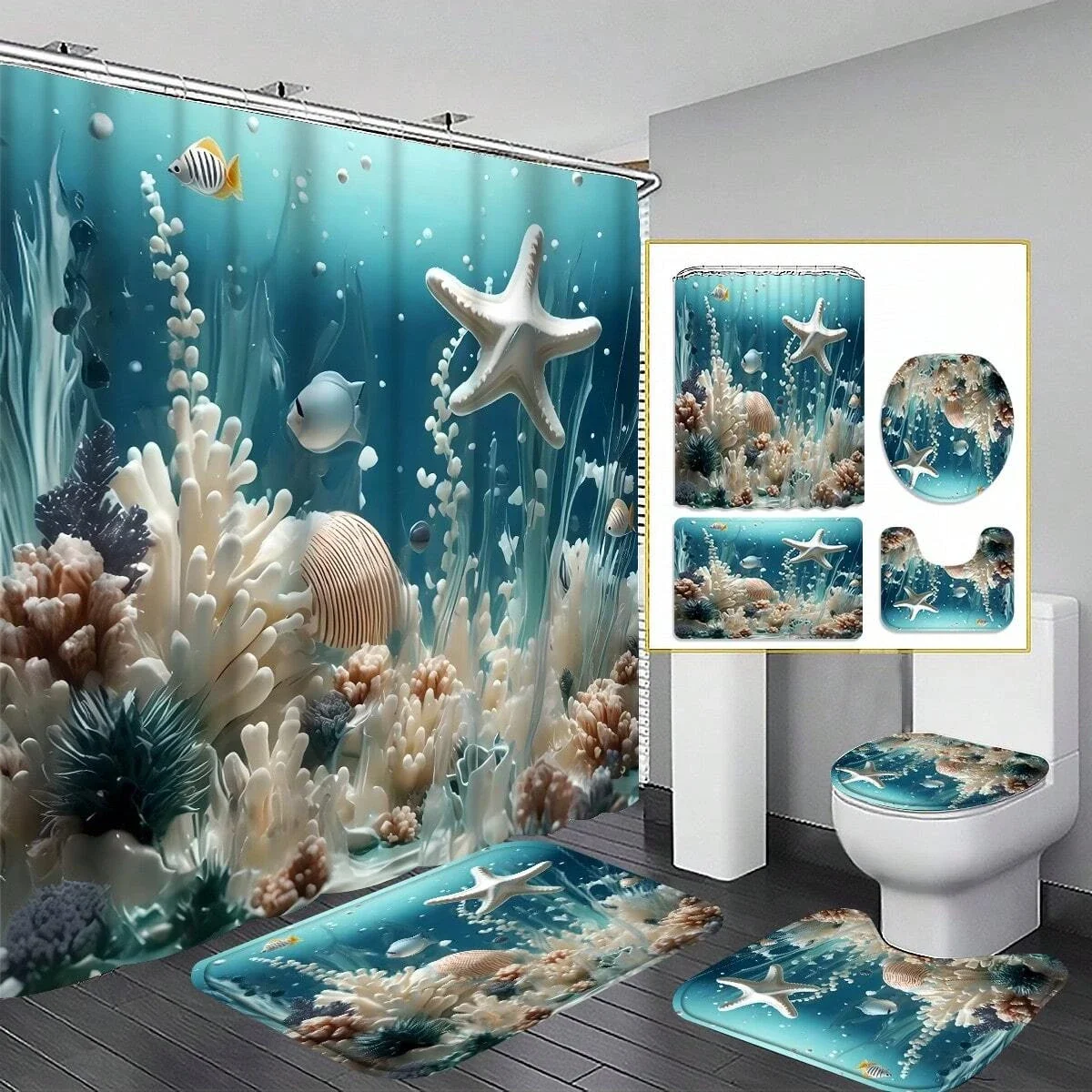 4pcs Coral Starfish Pattern Bathroom Set, Waterproof Fabric Shower Curtain With 12 Hooks Toilet Lid Cover, Bathroom Decor