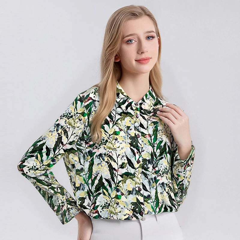 Women 100% Pure Wool Printed Shirt Turn-down Collar Thin Blouse Plus Size High-End Loose Tops