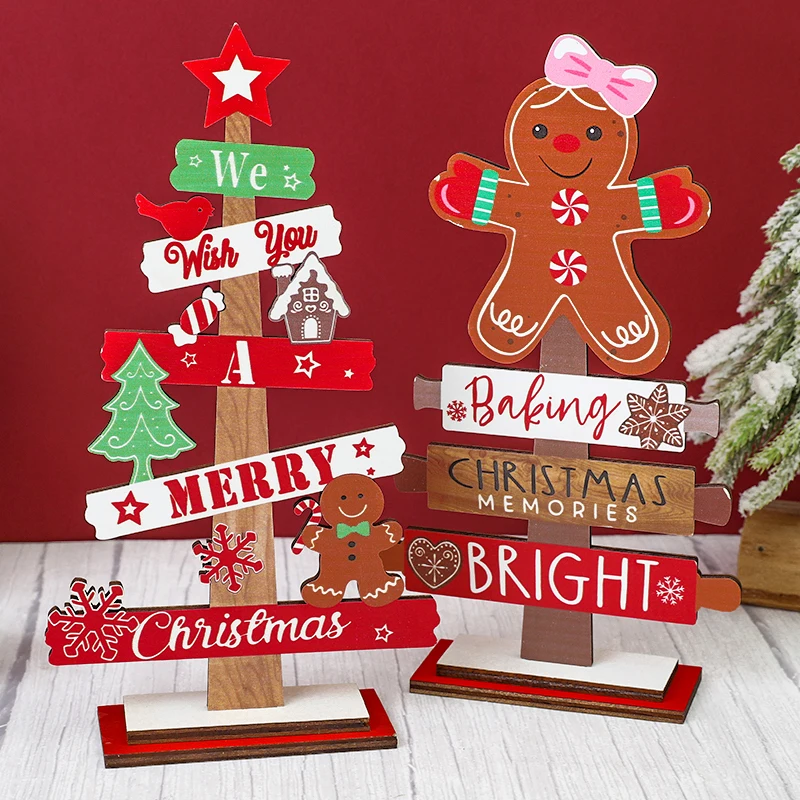 Wooden Christmas Tree Desktop Ornament Gingerbread Man Merry Christmas Wooden Sign Plaque Xmas Decoration for Home New Year Gift