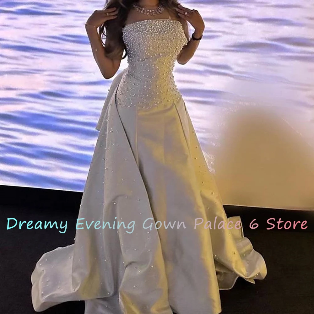 Customized Exquisite Satin A-Line Pearls Evening Dress High Quality Floor Length Strapless vestidos para mujer