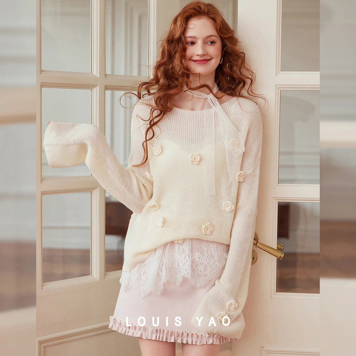 LOUIS YAO Sweet Flower Decorative Knitted Sweater 2025 Autumn/Winter Round Neck Knitted Wool Off Shoulder Sleeves Women's Top