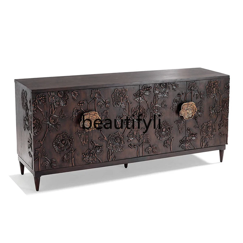 

American solid wood porch cabinet, living room engraved dining side cabinet, retro style integrated partition cabinet