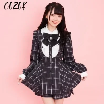 Japanische Shorts Set Gothic Y2k Lolita Plaid Kleid Frauen Süße Schleife Spitze Kragen Puff Sleeve Party Kleider Weibliche A-Line Kleid