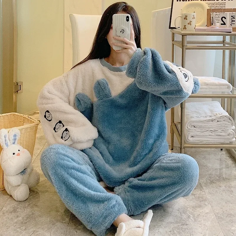 5XL Plus Size Thickened Pajamas Women Winter Warm Soft Flannel Sleepwear Coral Velvet Cute Cartoon Padded Nightwear Home Clothes