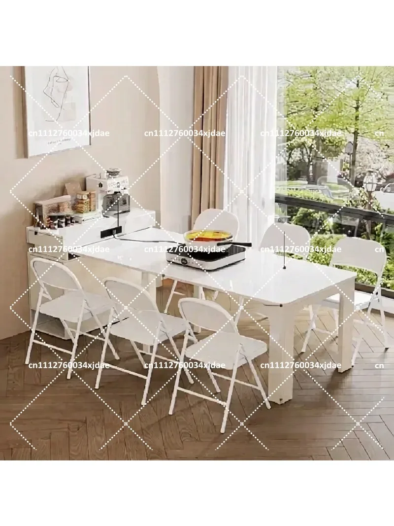 White Simple Storage Cabinet with Folding Design, Retractable Rock Plate Dining Table, Lightweight and Elegant Home Furniture