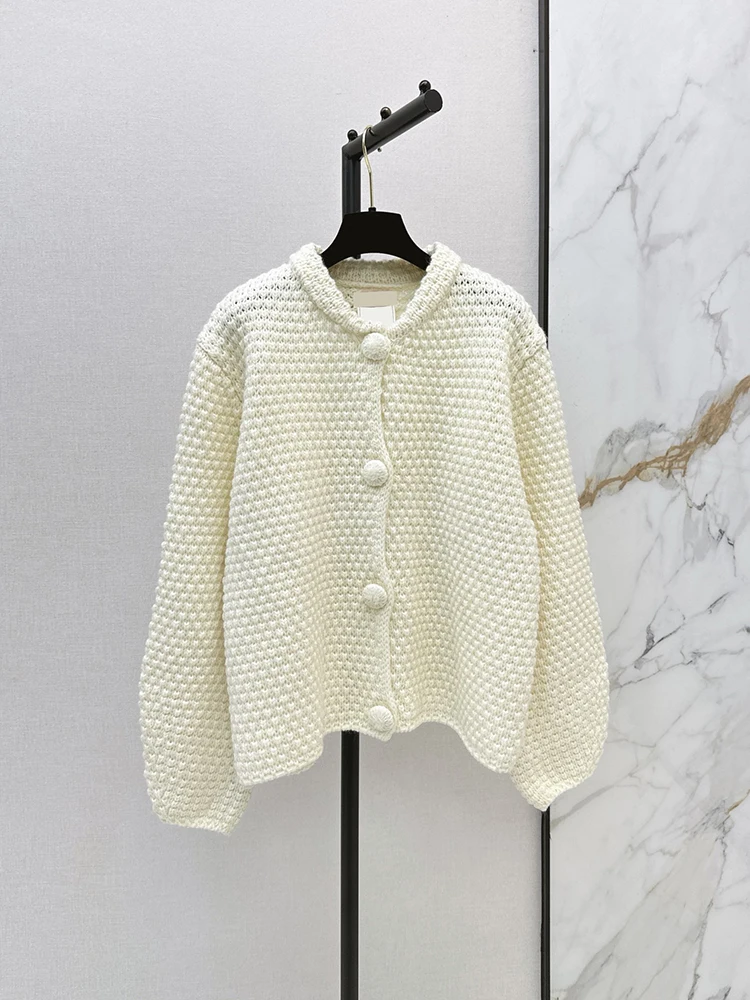 Spring Autumn Fashion Beige Casual Three-dimensional Knitting Cardigan Women's O-Neck Single Breasted Simplicity Versatile Coat
