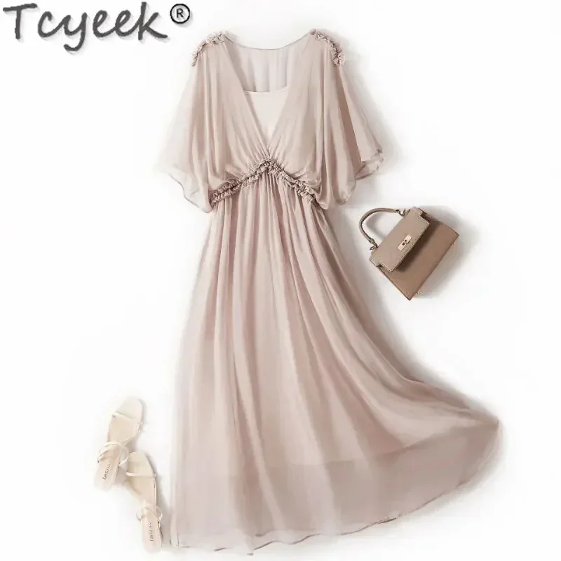 

Elegant Tcyeek es for 2024 New Real Mulberry Silk Women Clothes Casual Holiday Beach Dress Vestido Feminino Zm