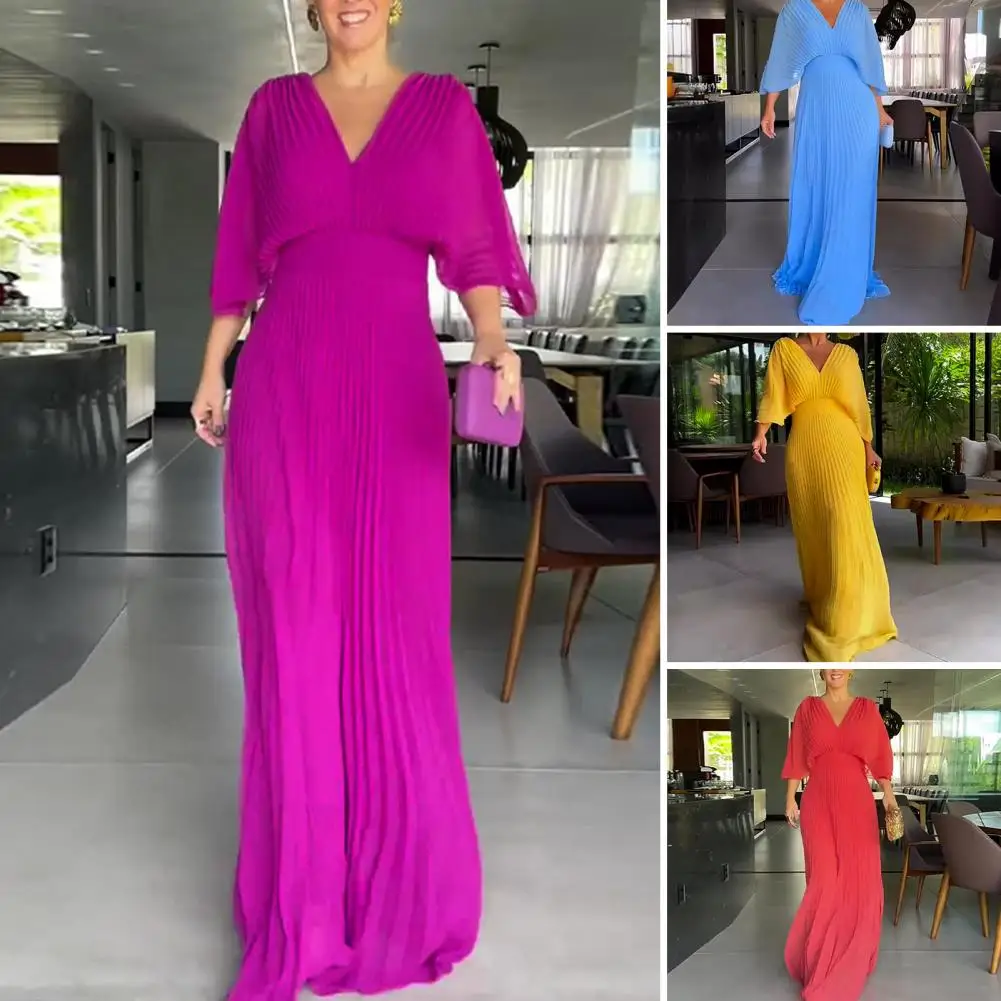 

Women Evening Dress Dolman Sleeves Pleated V Neck Lady Dress Pure Color High Slim Waist Full Length Party Prom Maxi Dress