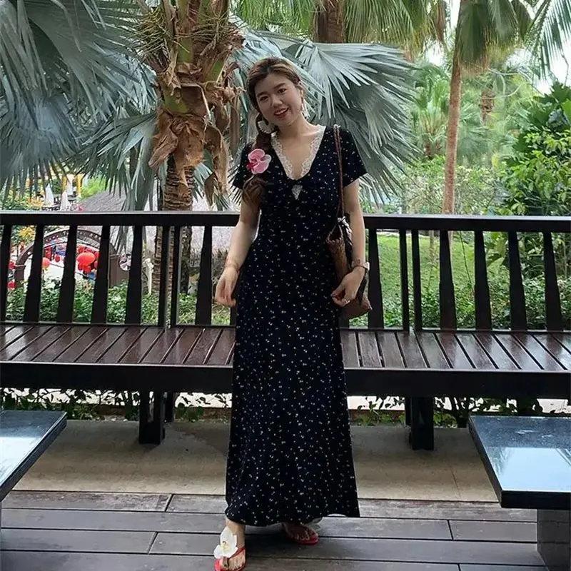 

2025 Summer New Short sleeved Edition Sicilian Manhua Custom Lace Splicing Long Dress Looks Thin New Dress for Women Commuting