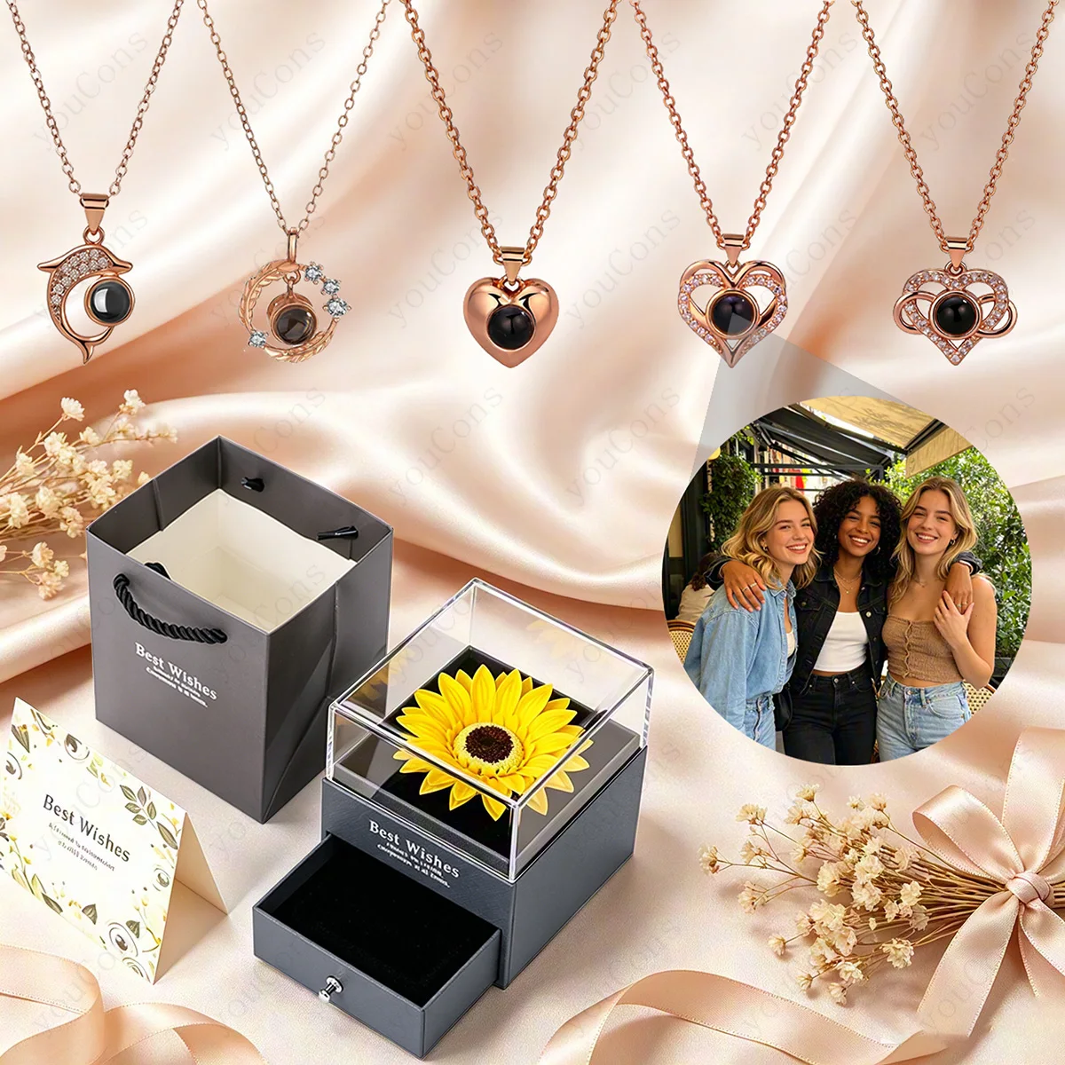 Custom Color Photo Projection Necklace Multiple Styles Pendant Collocation Sunflower Gift Box Valentine's Day Birthday Gift New