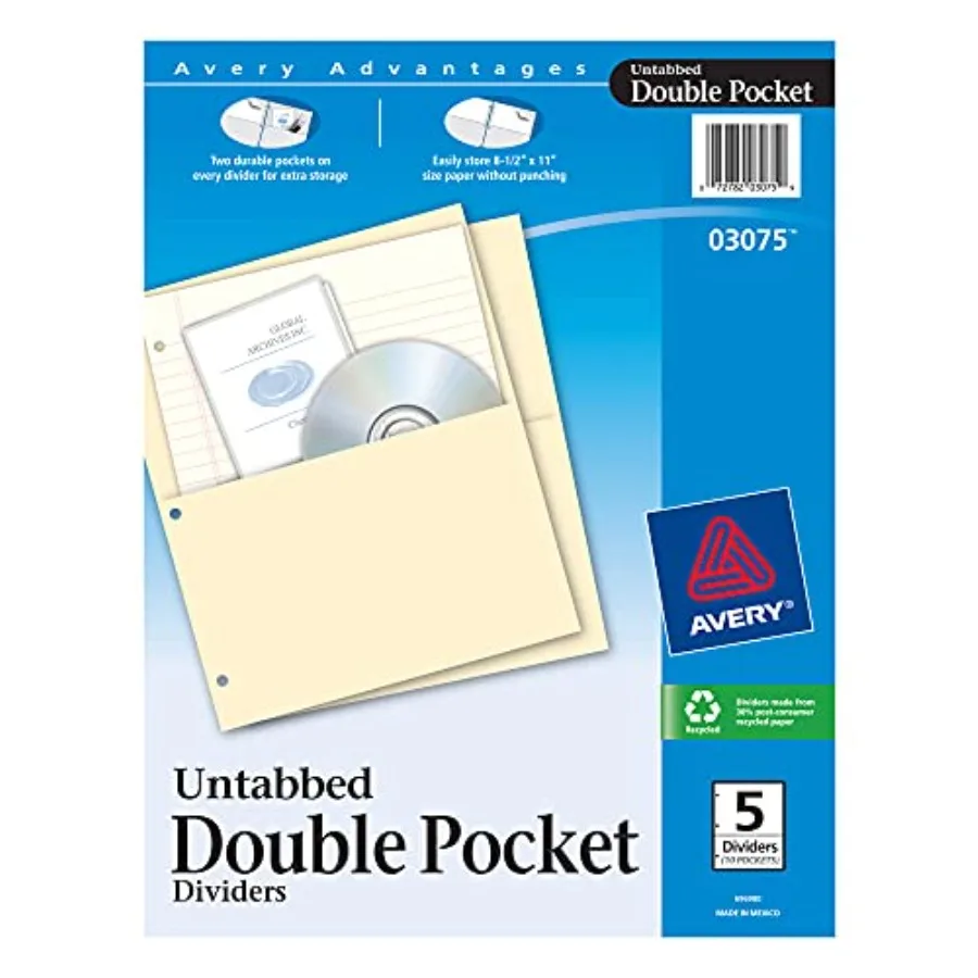 

Untabbed Double Pocket Dividers for 3 Ring Binders, Manila, Pack of 5 Dividers 03075