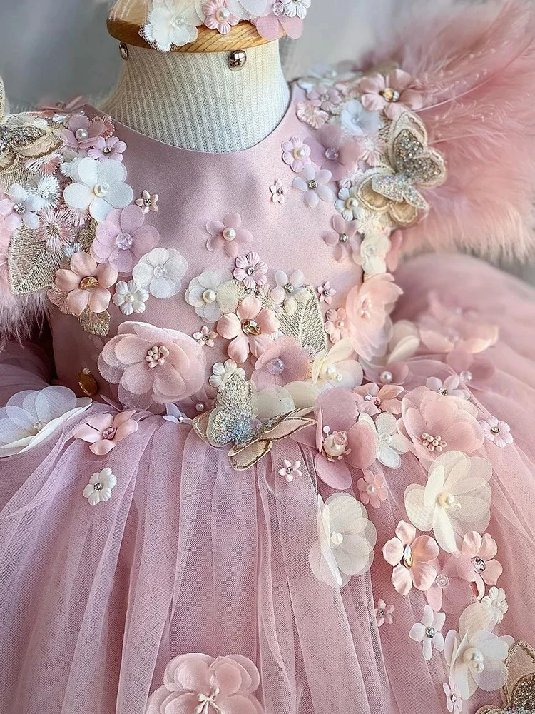 New Pink Children\'s Lolita Dress Girl\'s Princess Embroidered Flower Pearl Strap Fluffy Dress Carnival Birthday Party Prom Dress