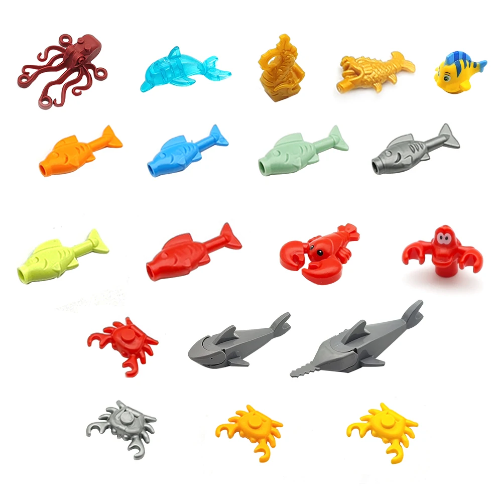 

Строительные блоки с животными MOC, морское животное, осьминог, дельфин, карп, краб, акула, креветка, лобстер и краб-отшельник, сделай сам, развивающая детская игрушка