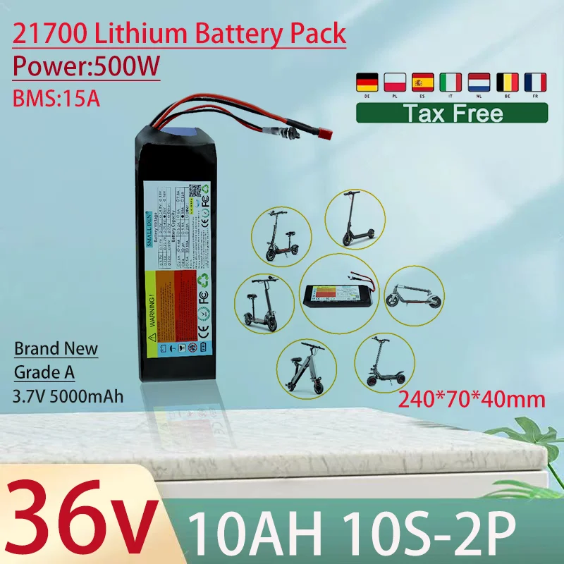 

36V 10Ah 21700 10S2P Lithium Ion Battery Pack 500W Power Tool Batteries Outdoor Backup Batteries With 15A BMS+42V 2A charger