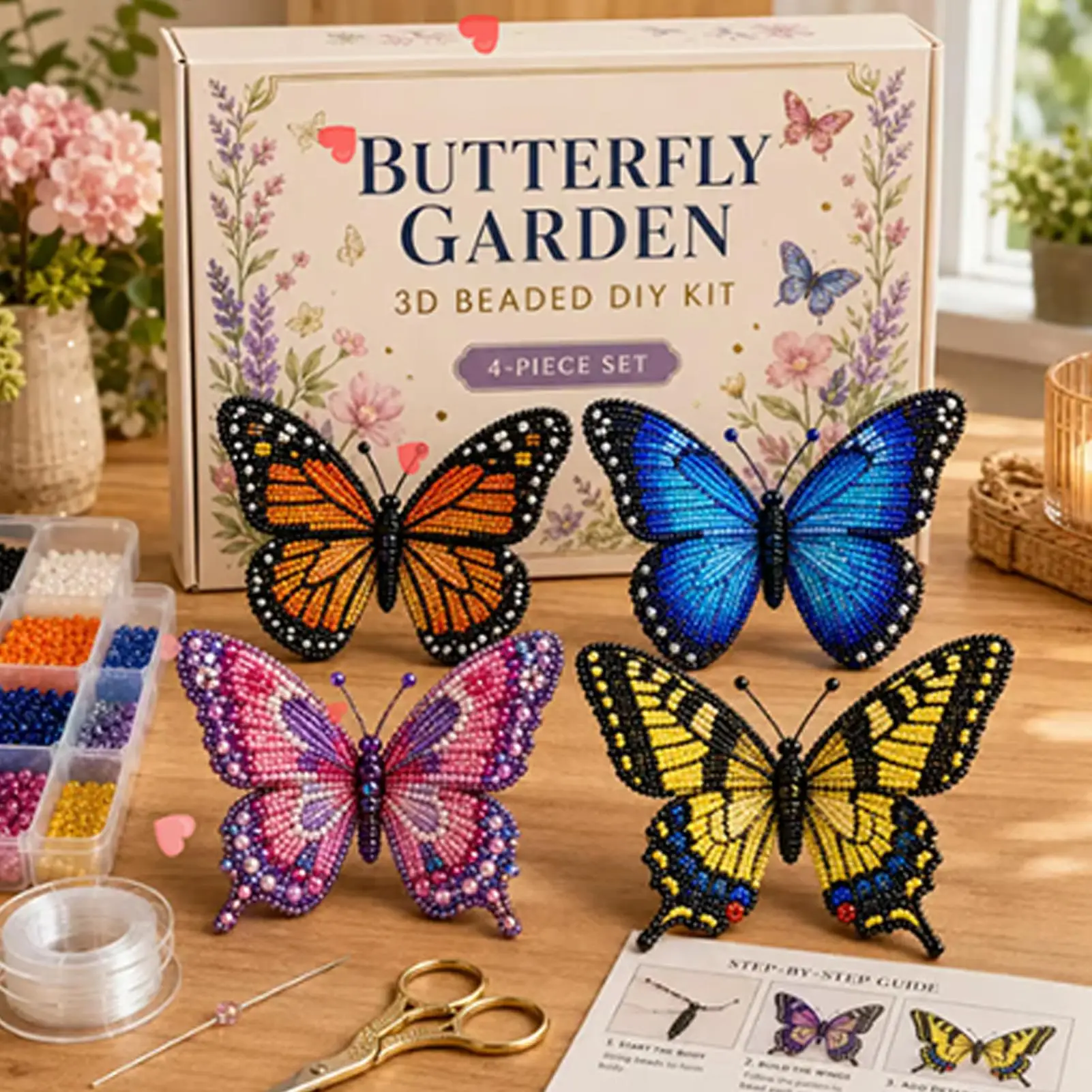 3D Niedliches Schmetterling-Tier-Themen Perlen-Bastelset Kreatives Schmuck-Röhrenperlen-Kit mit Anleitung DIY Schmuckherstellungs-Set für Erwachsene