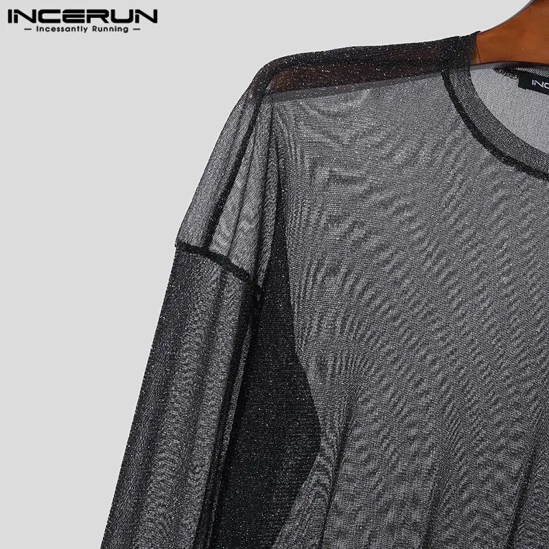 INCERUN Men T Shirt Mesh Transparent Shiny O-neck Long Sleeve Solid Sexy Camisetas Streetwear 2024 Party Fashion Men Clothing