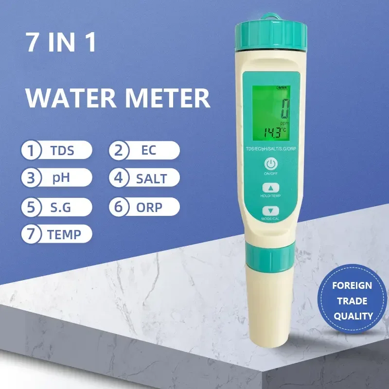 

2023 Newest digital 7 in 1 multifunctional Salinity tds units Water quality tester conductivity pH/TDS/EC/TEMP meter ph tester