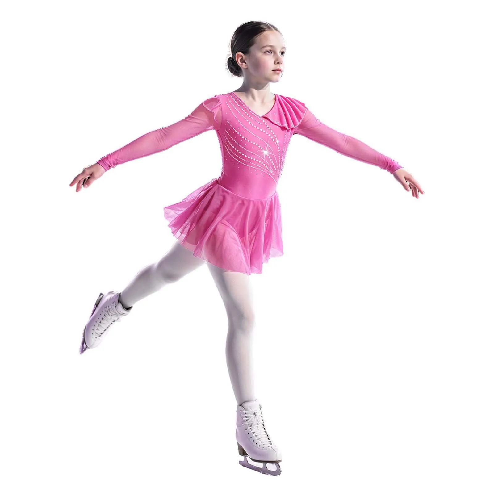 Girls Figure Ice Skating Rhythmic Gymnastic Costume Modern Lyrical Ballet Dance Dress Long Sleeves Shiny Rhinestone Mesh Leotard