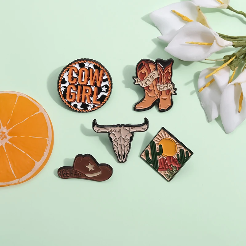 Creative Retro Enamel Pin Hat Shoes Brooches Lapel Badge Cow Girl Funny Pin Jewelry Gift for Clothes Backpack Wholesale Brooch