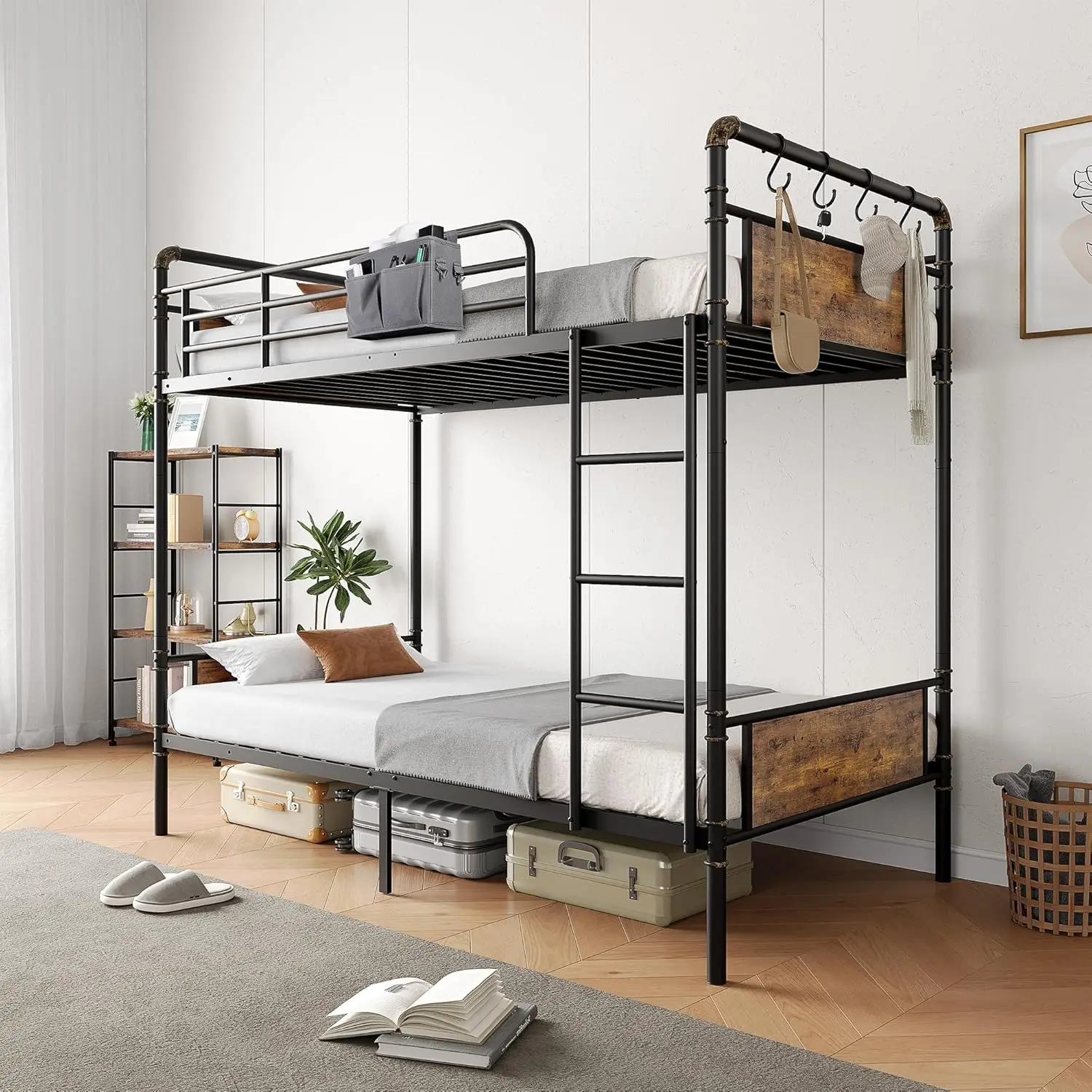 Bunk Bed Twin Over Twin, Industrial Bunkbeds with Heavy Duty Bed with Safety Guard Rails and Space-Saving Design, Steel Bed for