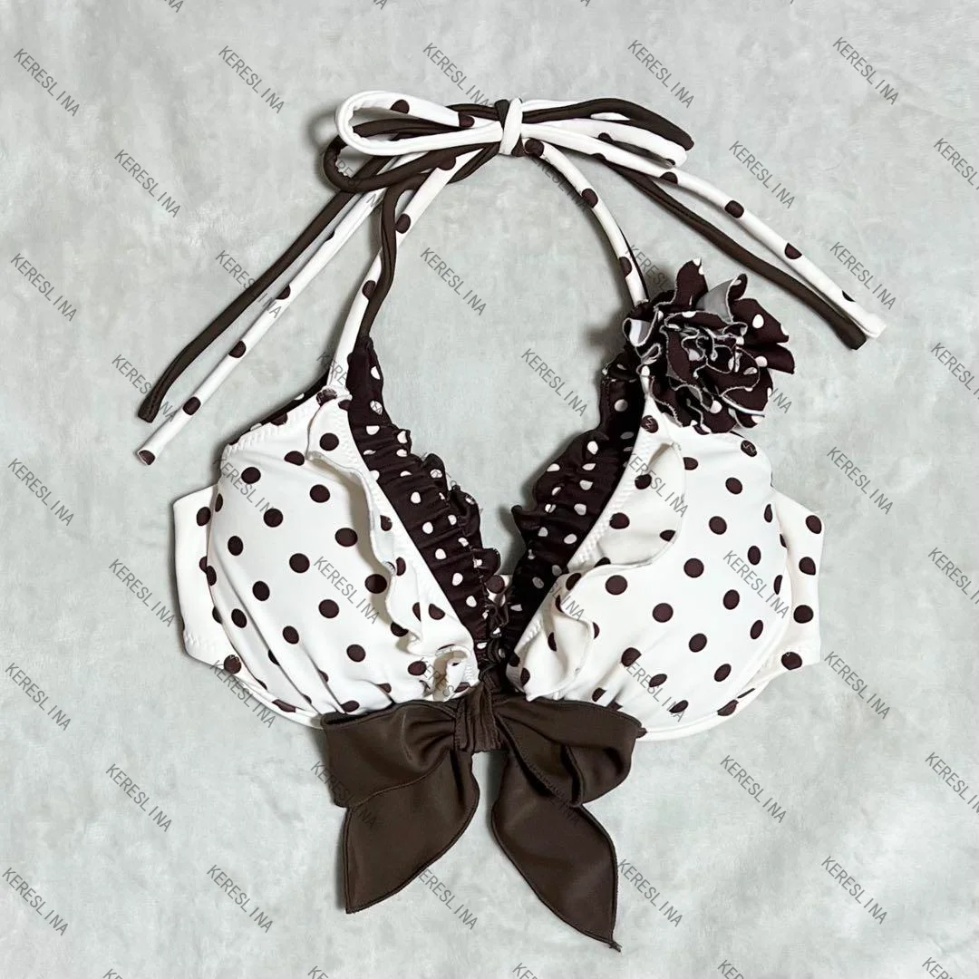 Y2k White Brown polka dot Cutie Aesthetics Kawaii Bowknot Harajuku fairycore vintage Gothic emo 2000s Streetwear 3 set Bikini