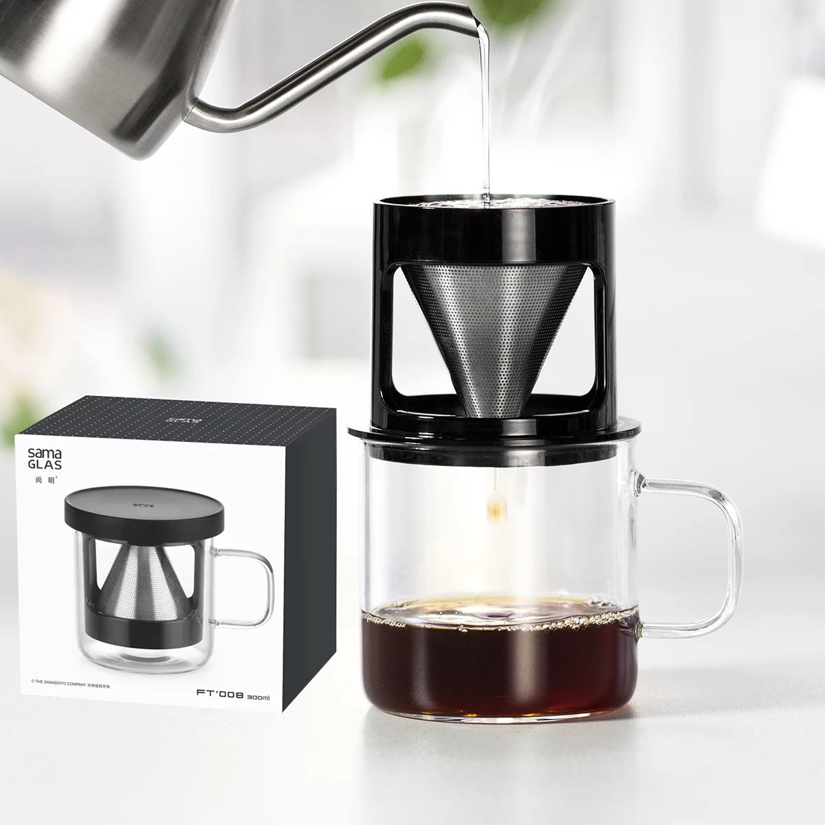 

SAMADOYO-Portable Stainless Steel Coffee Filter Cup, Tea cup, Personal Coffee Mug with Glass Cup Stand, Pour Over