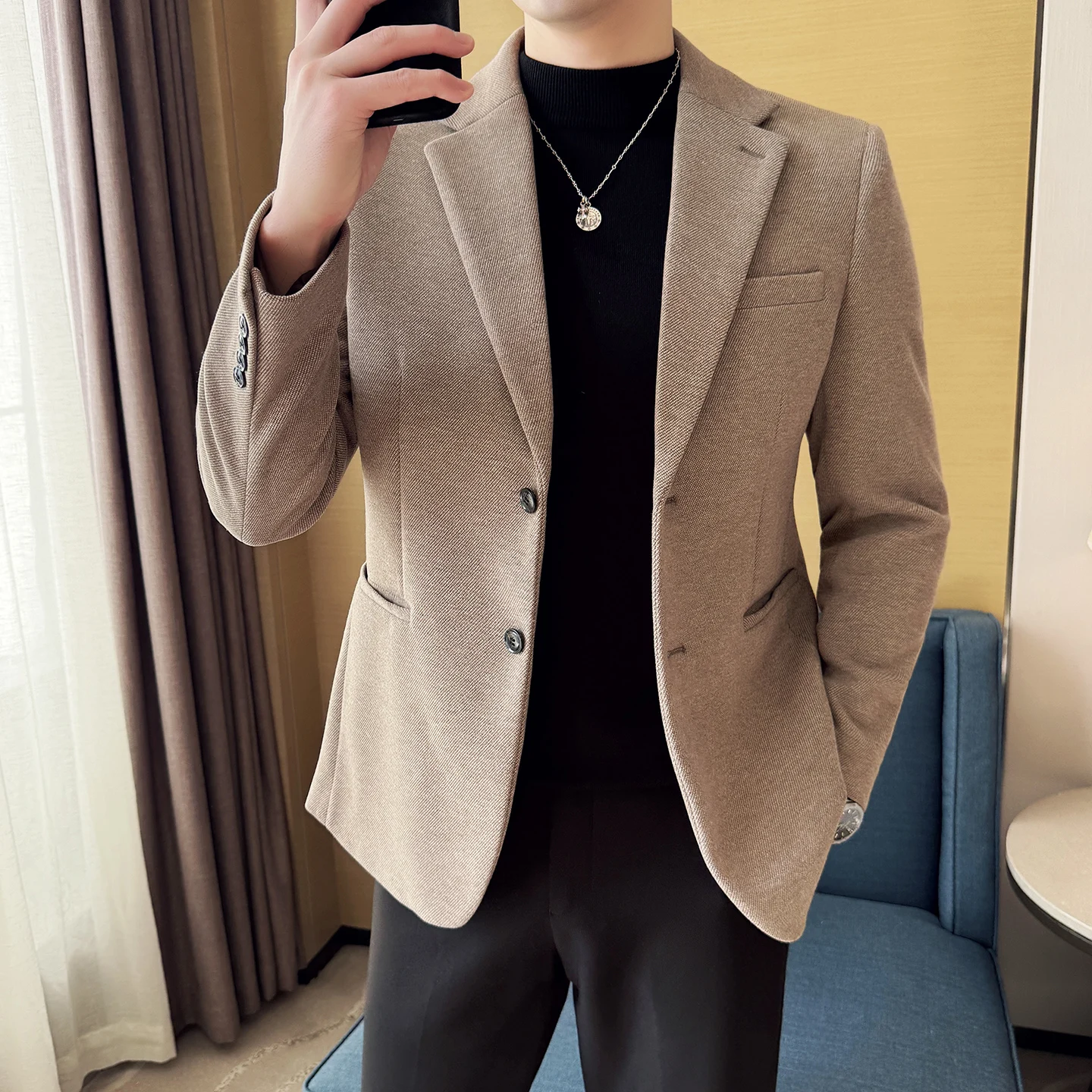 بدلة صوف سميكة عالية الجودة للخريف والشتاء، سترة بدلة عصرية وغير رسمية للرجال، بدلة ضيقة على الطراز الكوري #1
