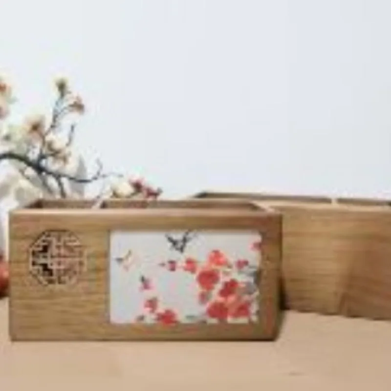 Double-sided embroidered pen holder ornament, mahogany pen gift box set, Chinese style cultural gifts