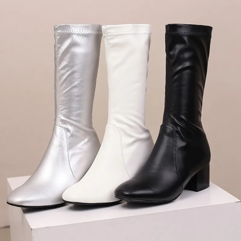 

Girseaby 2026 Women Stretch Midcalf Boots Round Toe Chunky Heels 5cm 46 47 48 Zip Silver Sexy Dating Female Mid Calf Booties