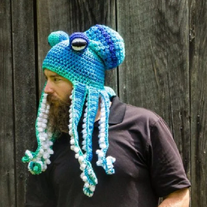 

Unique Knit Animal Beanie Fun Winter Warm Costume Cap Halloween Cosplay Handmade Crochet Alien Octopus Squid Hat with Tentacles