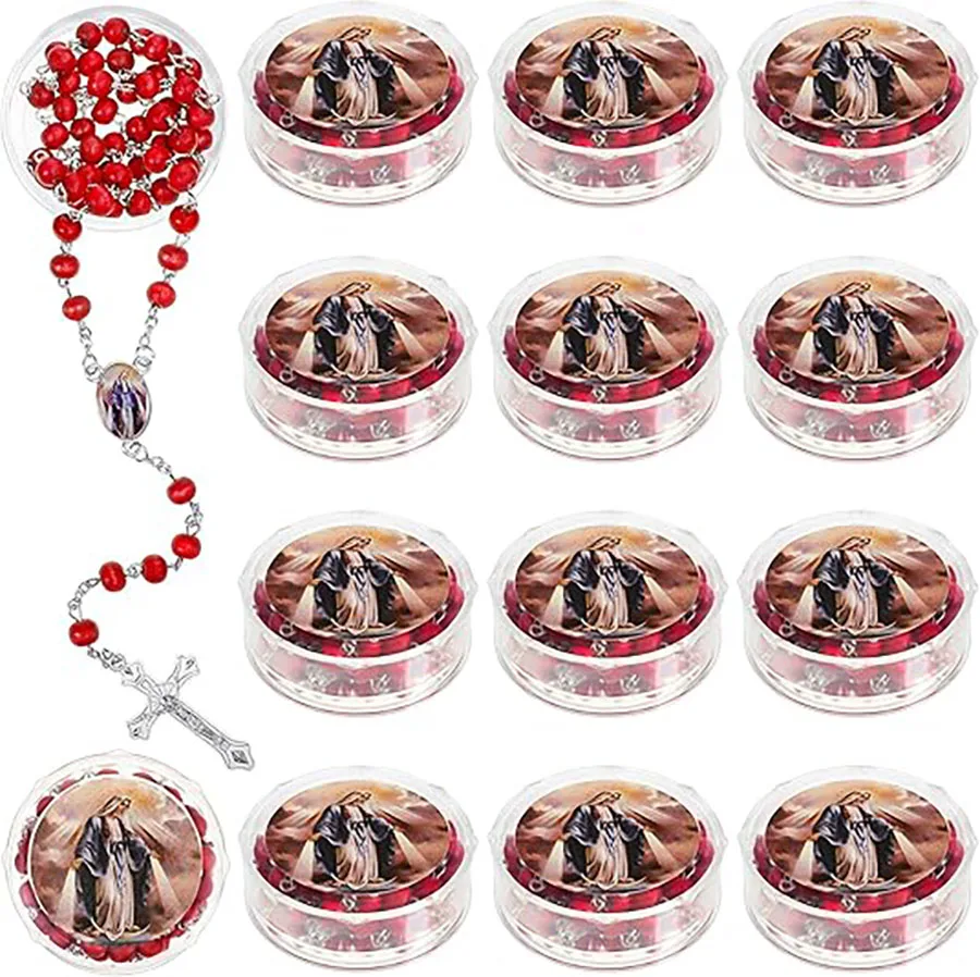 12 Pcs Our Lady of Grace Scented Red Rosary Necklace Catholic Gift with Box  Bead Necklace for Funeral Baptism First Communion