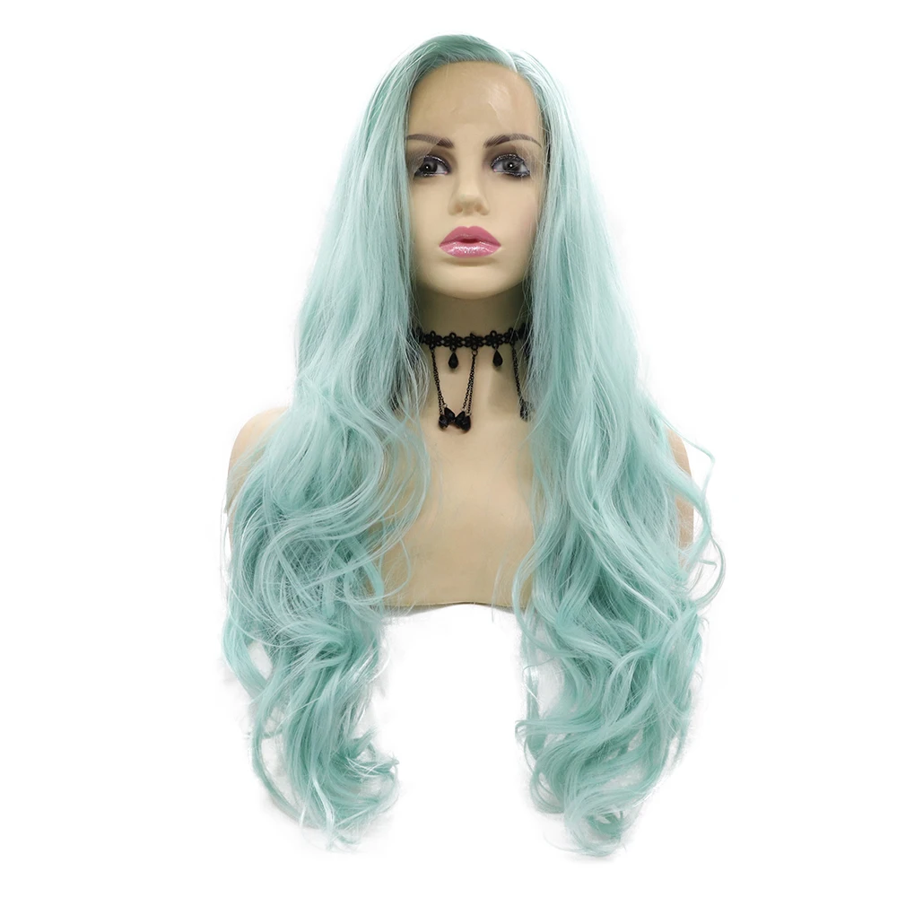 Mint Green Lace Front Wig Water Wave Natural Middle Parting  Heat Resistan Fiber 150%Density 24 Lnch Hair Everyday Wear