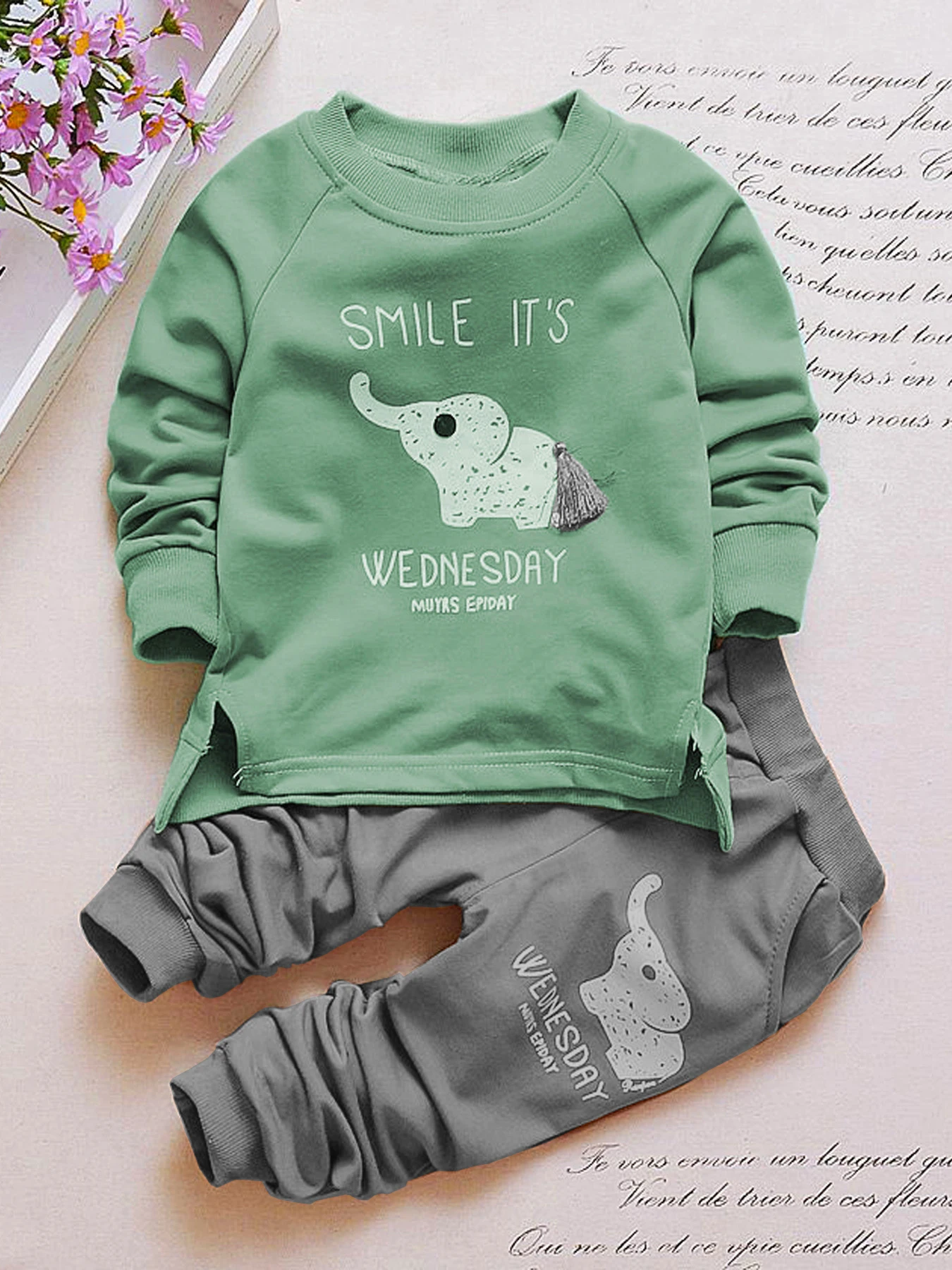 Conjunto de chándal de 2 piezas con diseño de elefante de dibujos animados para niños, sudadera de manga larga y pantalones deportivos, ropa informal de primavera y otoño para niños y niñas