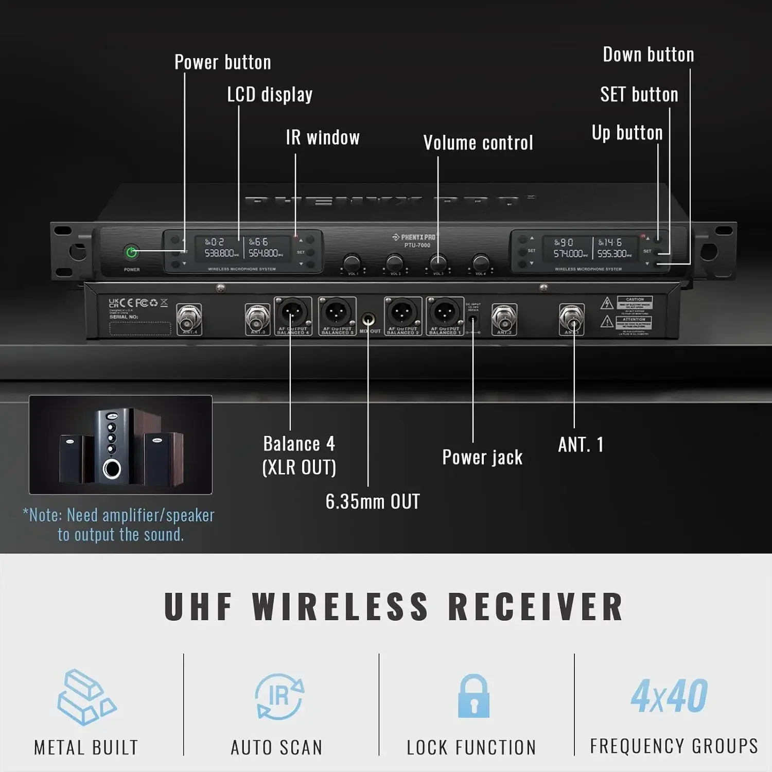 Pro Wireless Microphone System, Quad Channel Wireless Mic, w/ 4x40 UHF Frequencies, Auto Scan, 328ft Long Range, 4 Handhe