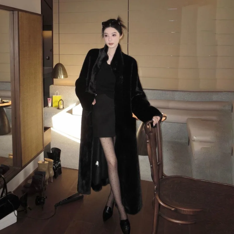 Fourrure intégrée Imitation vison polaire manteau de fourrure écologique femmes longue sur le genou col montant ample manteau de vison en peluche WLF