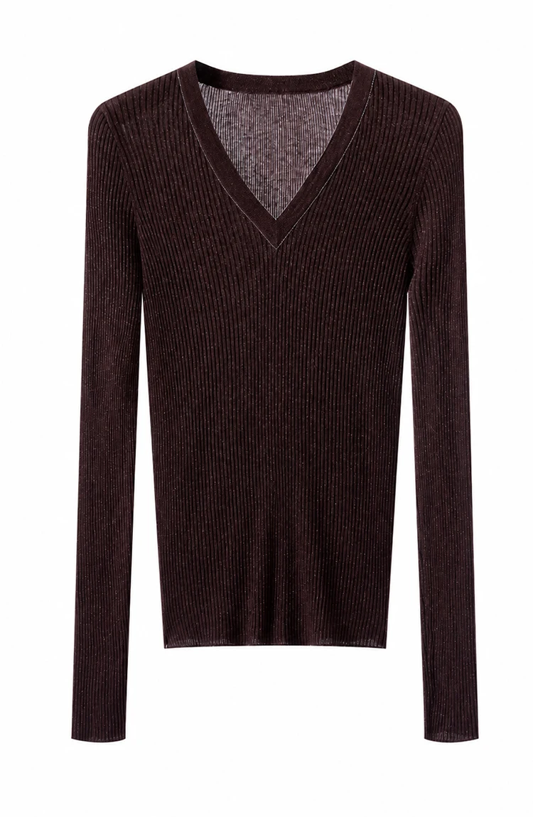 BY3621711 Damen-Pullover mit tiefem V-Ausschnitt, Lurex-Rippstrick-Wollmischung, langen Ärmeln, V-Ausschnitt, Kettenverzierung, schlanke Passform, dezenter Luxus für den frühen Herbst – Detail 19