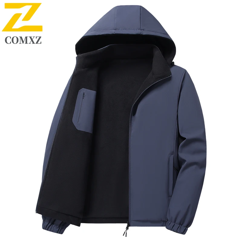 

2025 Новая мужская куртка с капюшоном, осенне-зимняя двусторонняя носимая толстая бархатная куртка для сохранения тепла, повседневная и свободная лыжная куртка для кемпинга