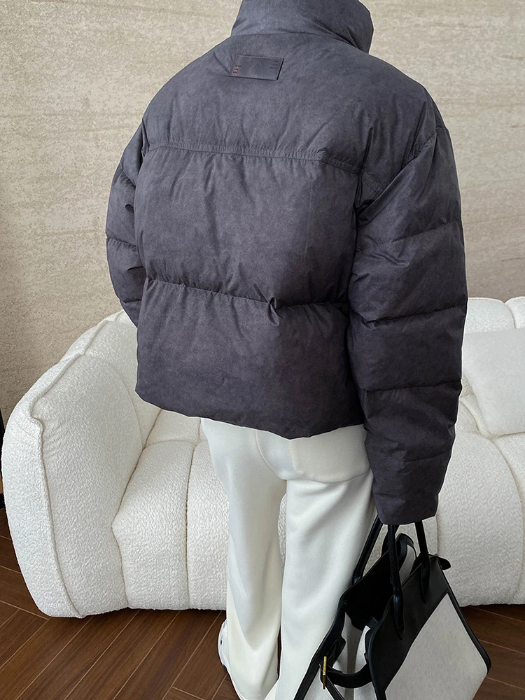 [EAM] Lila Große Größe Kurze Warme Daunenjacke Neue Stehkragen Langarm Warme Frauen Parkas Mode Herbst Winter 2024 1DH7966