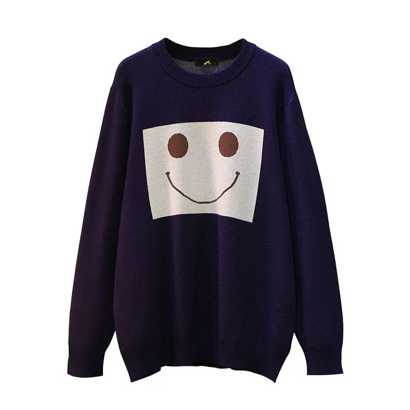 150Kg Plus Size Women's Bust 155 Autumn Winter Loose Round Neck Pullover Knitted Smiley Sweater Skin Blue 5XL 6XL 7XL 8XL 9XL