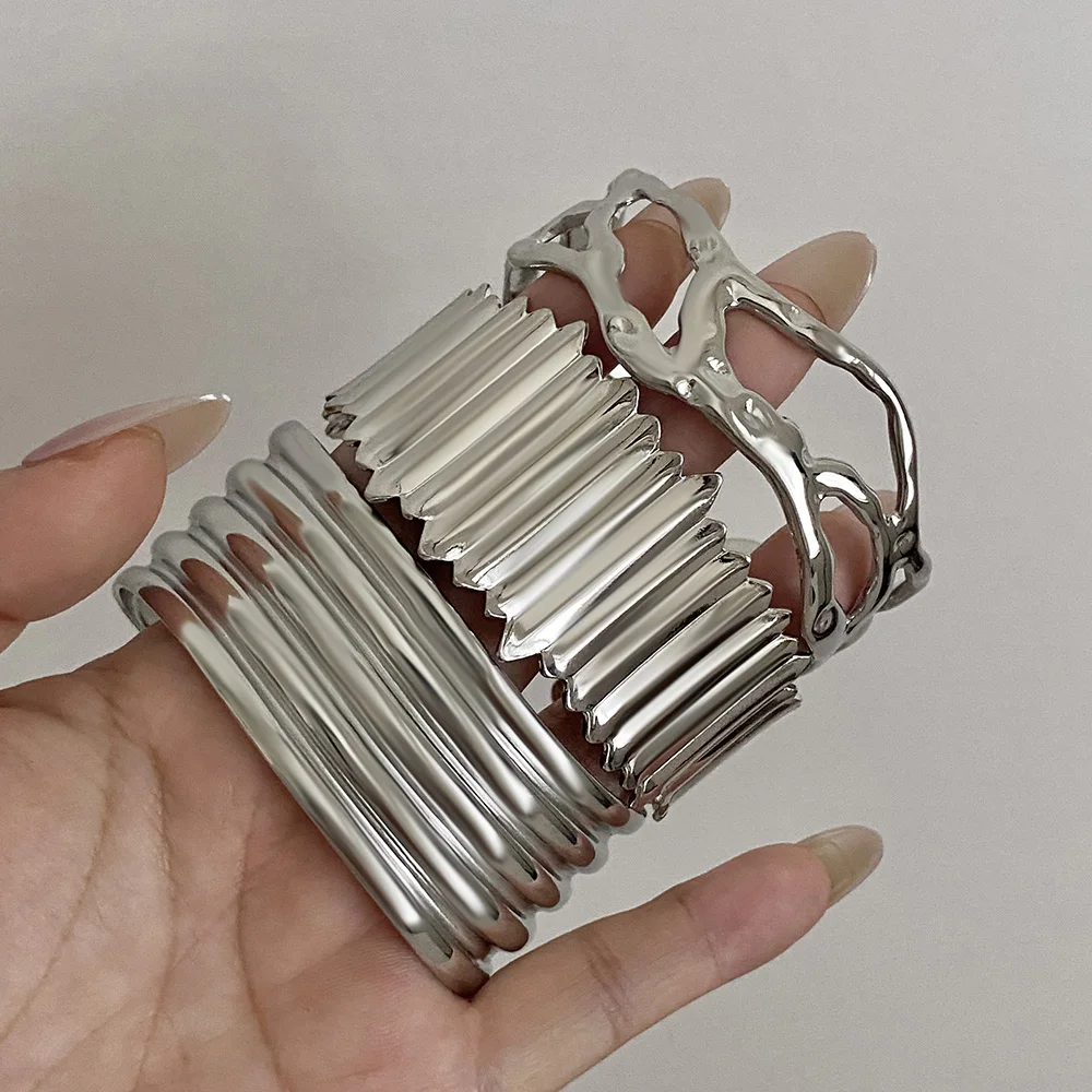 Mode Silber Farbe Edelstahl Manschette Armband Armreif für Frauen Männer Chic Chunky Blätter Geometrische Armbänder Armband Schmuck