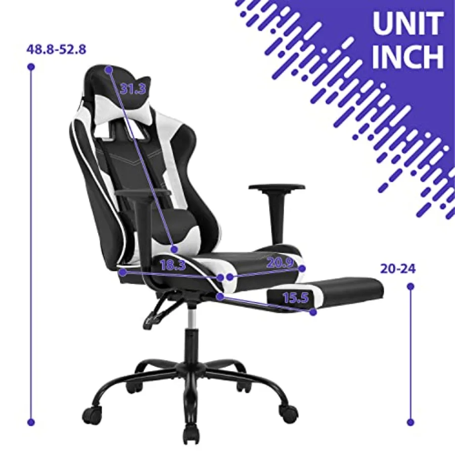Gaming Chair for Home Office: Ergonomic Racing Style Computer Chair in White with Adjustable High Back, Footrest, Headrest, and view 3