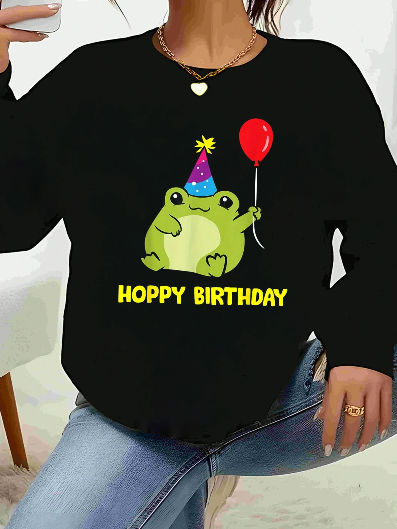 Camiseta de manga larga con estampado de fiesta de cumpleaños de rana, ropa informal para celebración de cumpleaños, Top para mujer