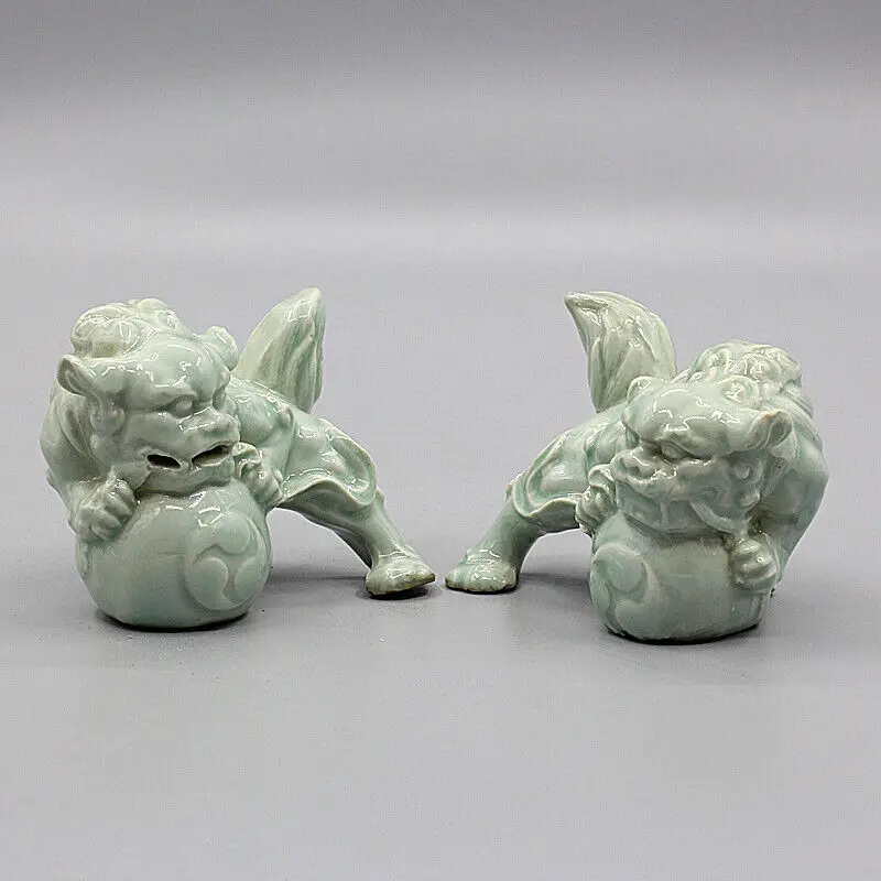 Chinese Song Hutian Kiln Celadon Porcelain - 3.54 Inch Foo Fu Dog Lion Statue for Decorative Display Collectible Gift