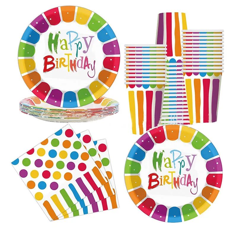 Happy Birthday Disposable Tableware Rainbow Color Napkin Plate Cup One 1st Happy Birthday Party Decor Kids Boy Girl