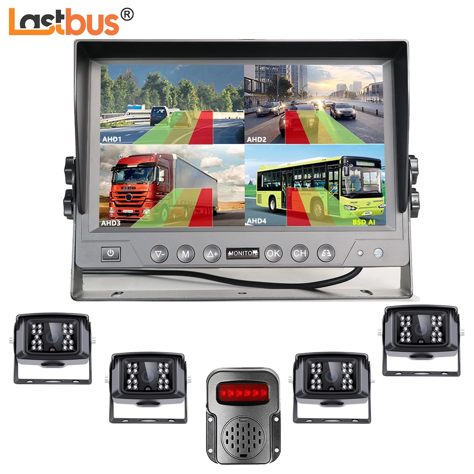 

Lastbus 9" DVR Car Monitor Splitscreen 4ch BSD With Rear View Backup Cameras Sound Light Alarm For Truck Van Trailer Motorhome
