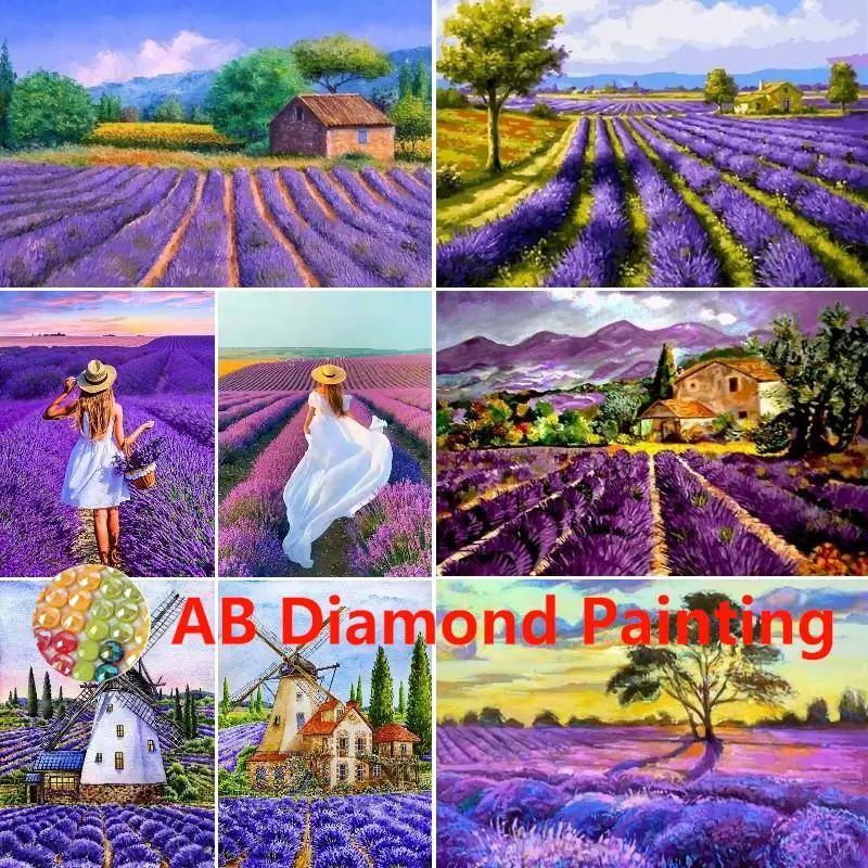 AB Full Round Drill Diamond Painting Girl Walking Through Lavender Fields Mosaic Sale Diamond Embroidery Cross Stitch Home Decor