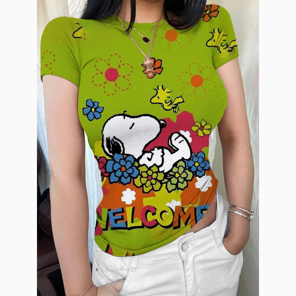 T-shirt slim fit a maniche corte da donna girocollo 202 casual Snoopy print top pullover basic T-shirt street wear Y2K stretto T-shi