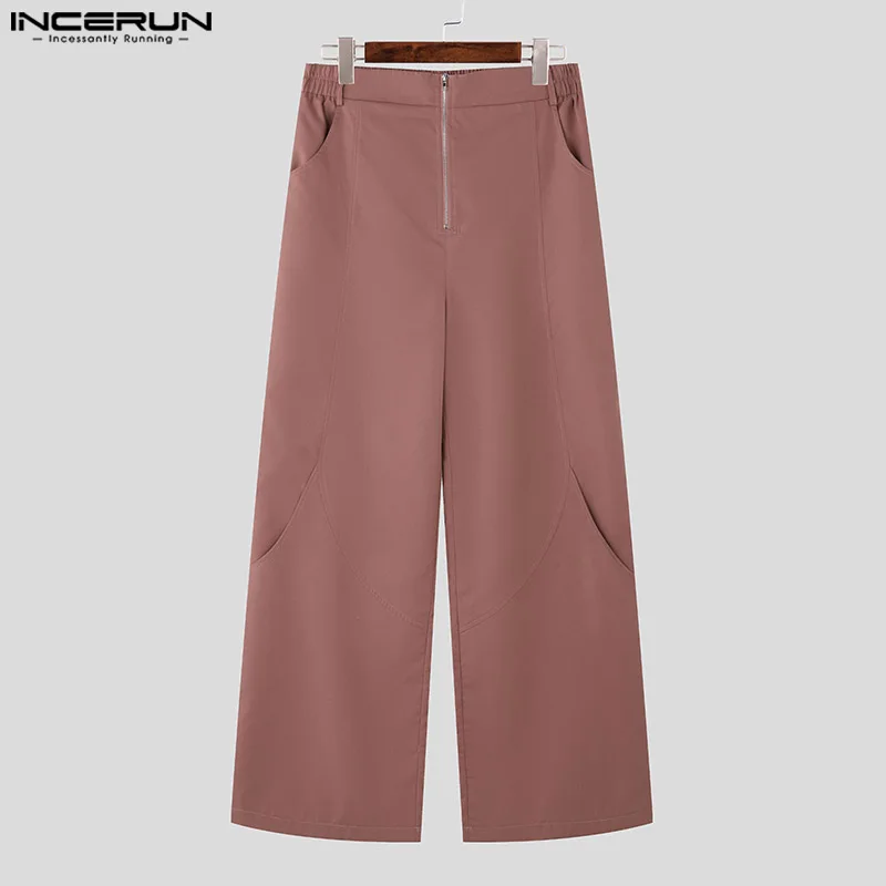 INCERUN-Pantalon Long Décontracté pour Homme, Couleur Unie, Fermeture Éclair, Poche Incrustée, Streetwear, Style Fjcoréen, Mode Simple, Automne